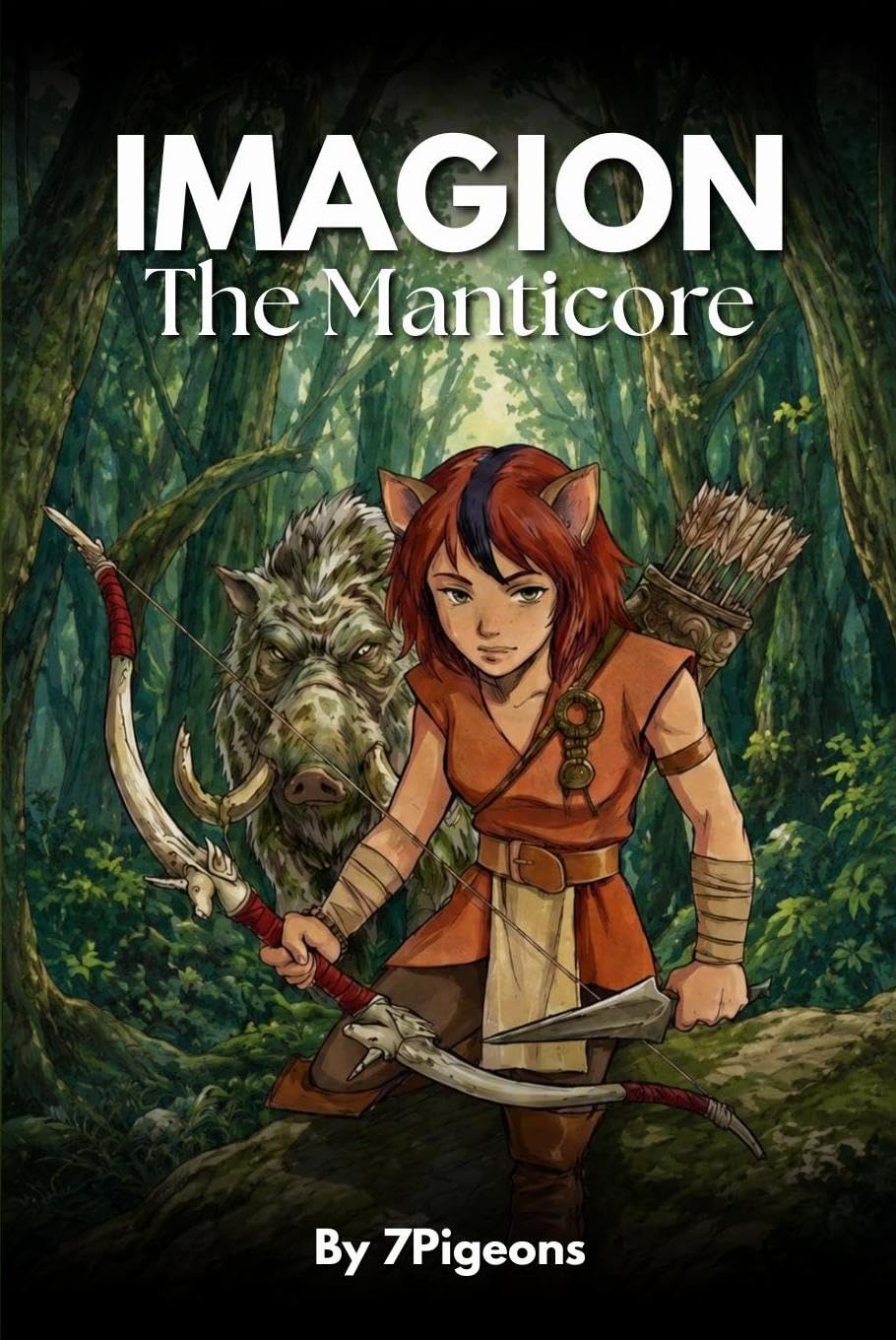 Imagion: The Manticore by 7Pigeons. Treya, a red-haired demi-human hunter with a bow, in a dark forest with a mythical boar.