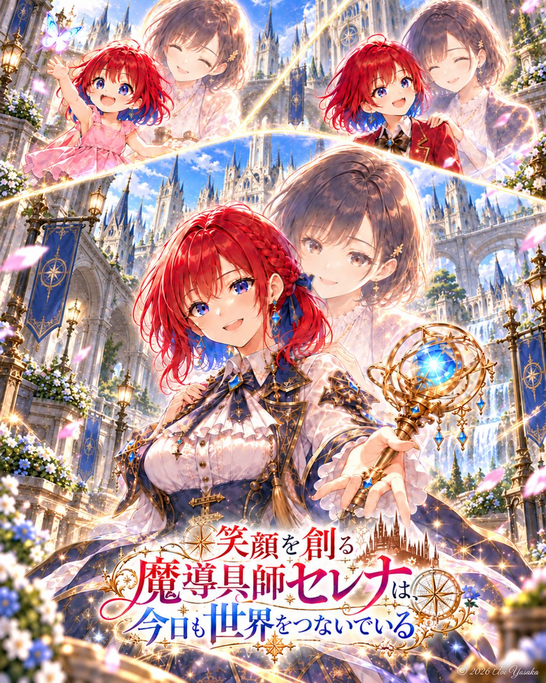 笑顔を創る魔導具師セレナは、今日も世界をつないでいる の公式表紙。赤髪の魔導具師セレナが魔法の道具を手にしている。